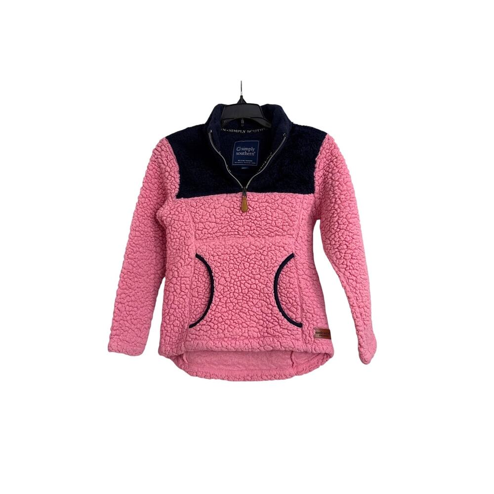 Simply Southern Pink Navy Blue Sherpa Pullover Sweatshirt Size Youth Small